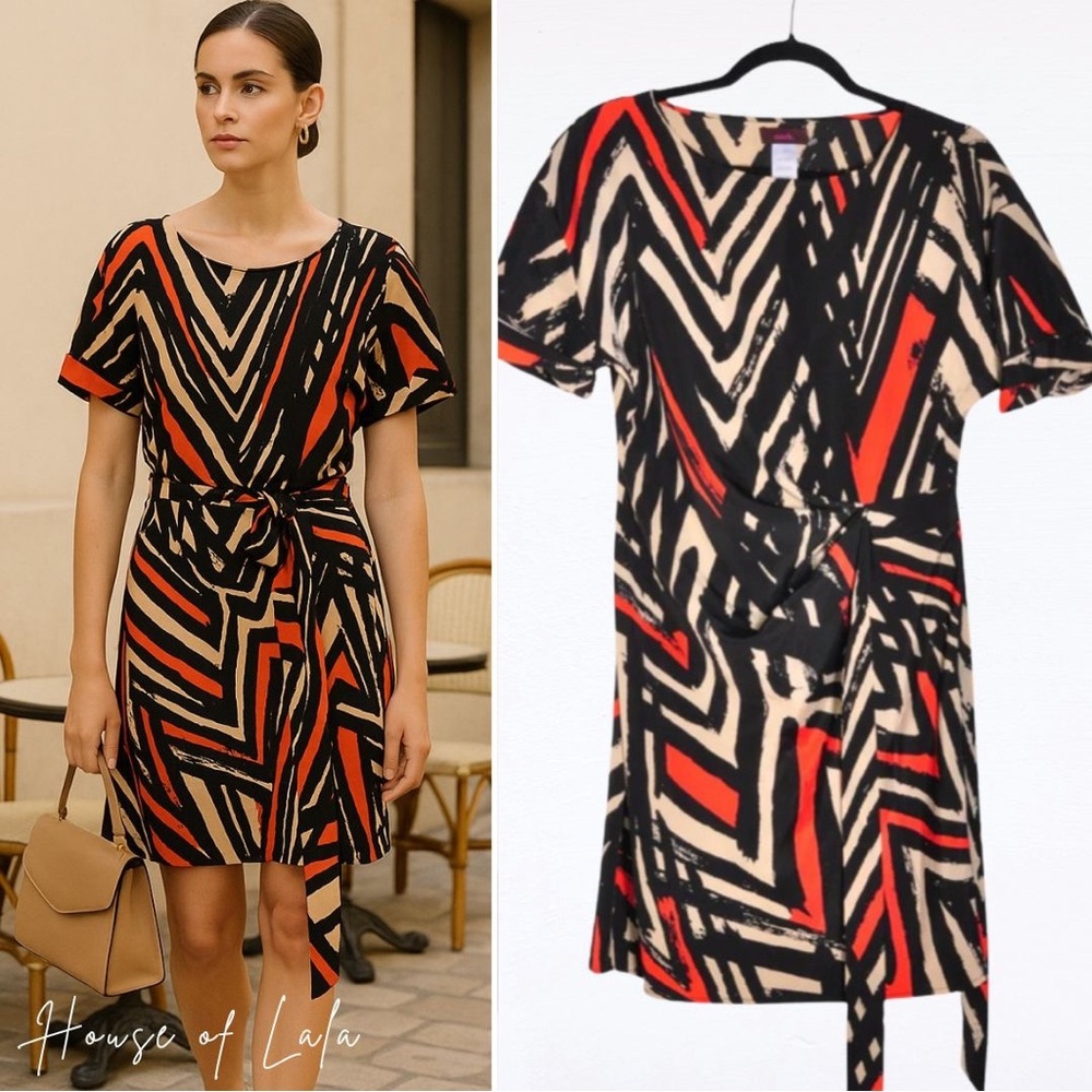 Mark. Faux Wrap Tie Waist Black and Tan  Midi Dres. Abstract Pattern, Modest.